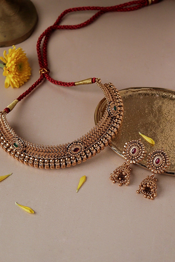 Gold Plated Semi-Precious Stone & Saaj Tushi Motif Necklace Set by Curio Cottage at Pernia's Pop Up Shop