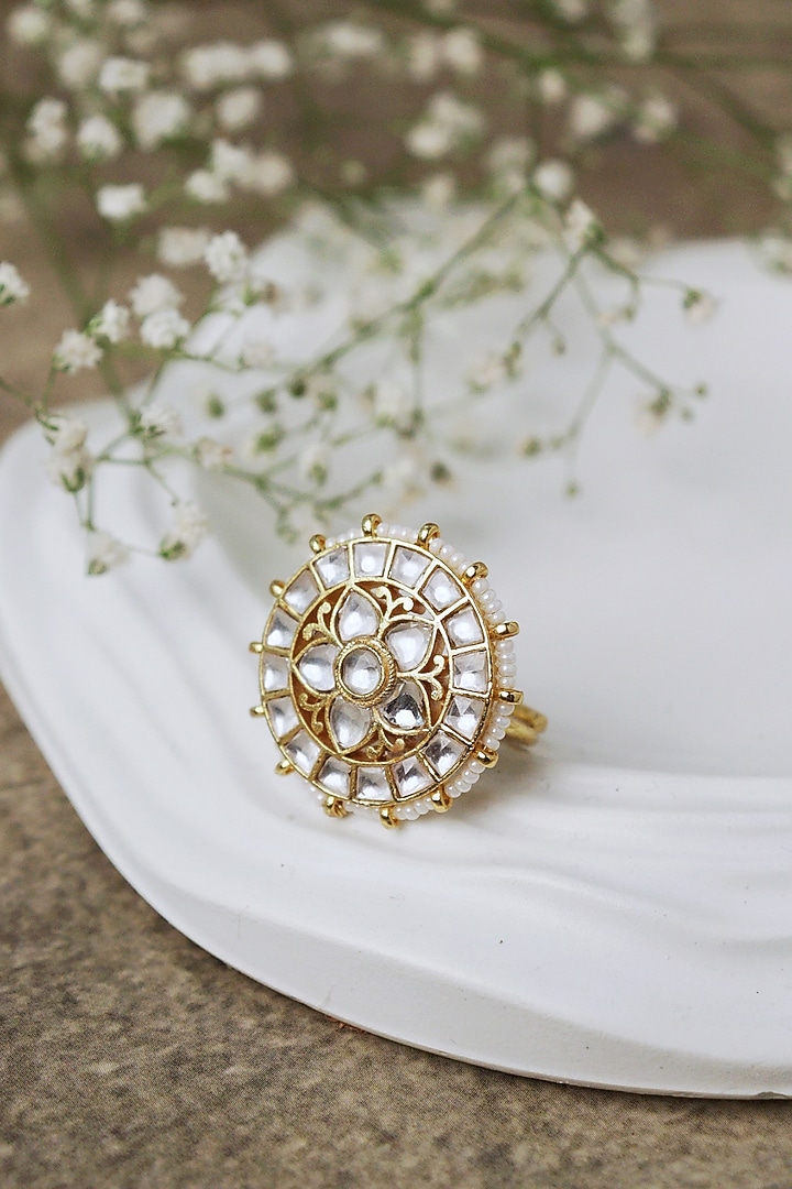 Gold Plated Kundan Polki & Pearl Ring by Curio Cottage at Pernia's Pop Up Shop