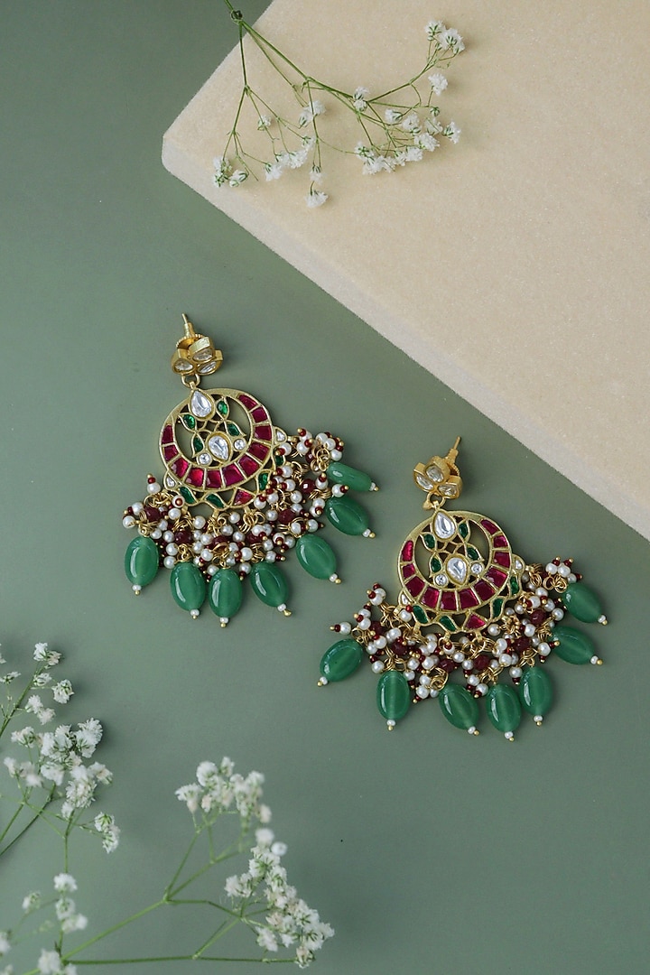 Gold Plated Pink Stone Chandbali Earrings by Curio Cottage at Pernia's Pop Up Shop