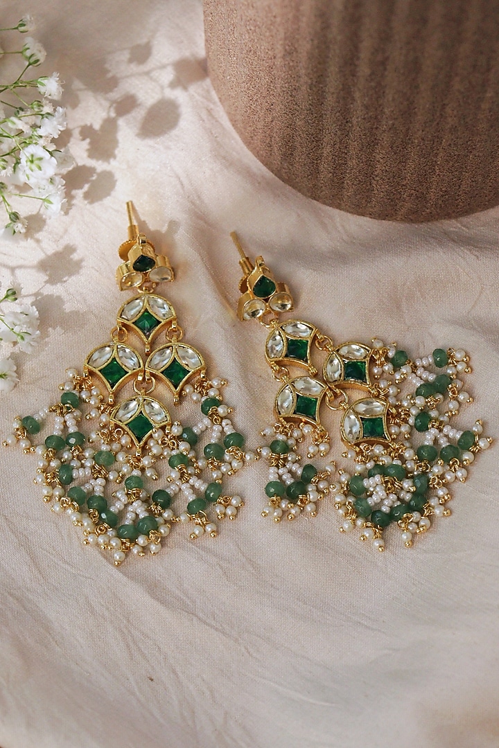 Gold Plated Green Kundan Polki Dangler Earrings by Curio Cottage at Pernia's Pop Up Shop