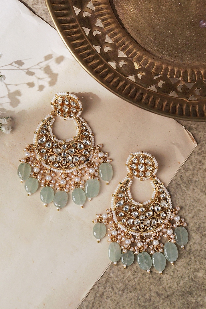 Gold Plated Kundan Polki & Jade Drop Chandbali Earrings by Curio Cottage at Pernia's Pop Up Shop