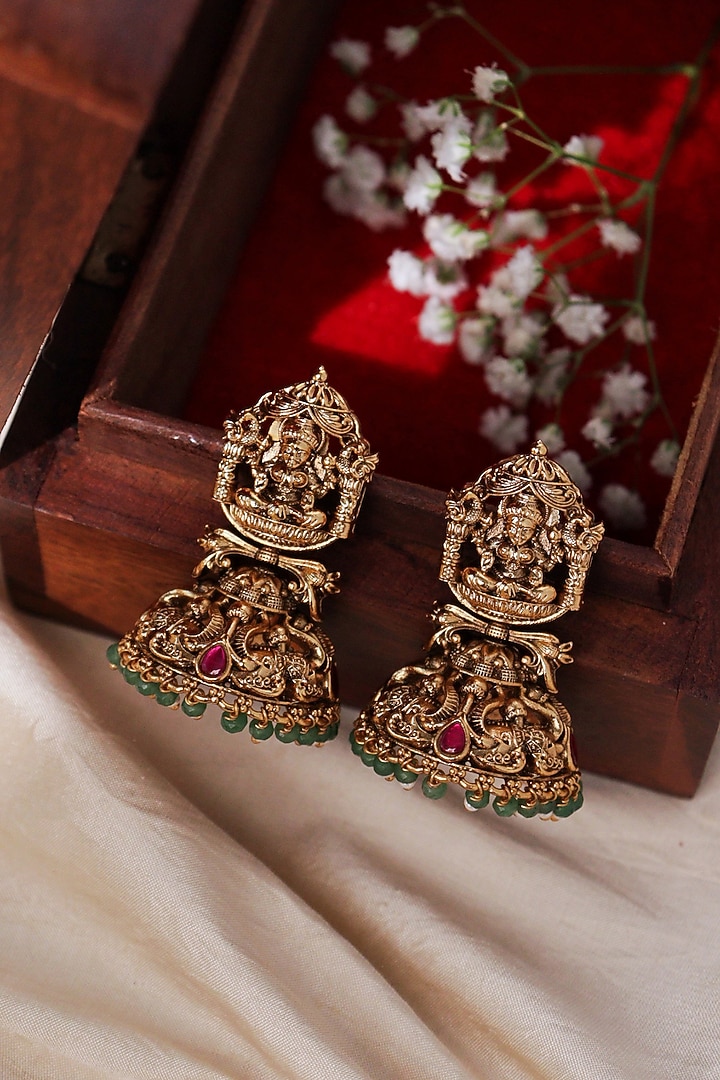 Gold Plated Semi-Precious Stone Temple Jhumka Earrings by Curio Cottage at Pernia's Pop Up Shop