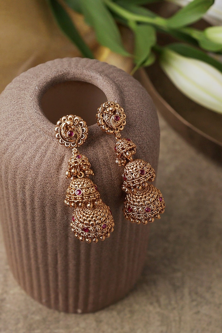 Gold Plated Semi-Precious Stone Temple Trio Jhumka Earrings by Curio Cottage at Pernia's Pop Up Shop