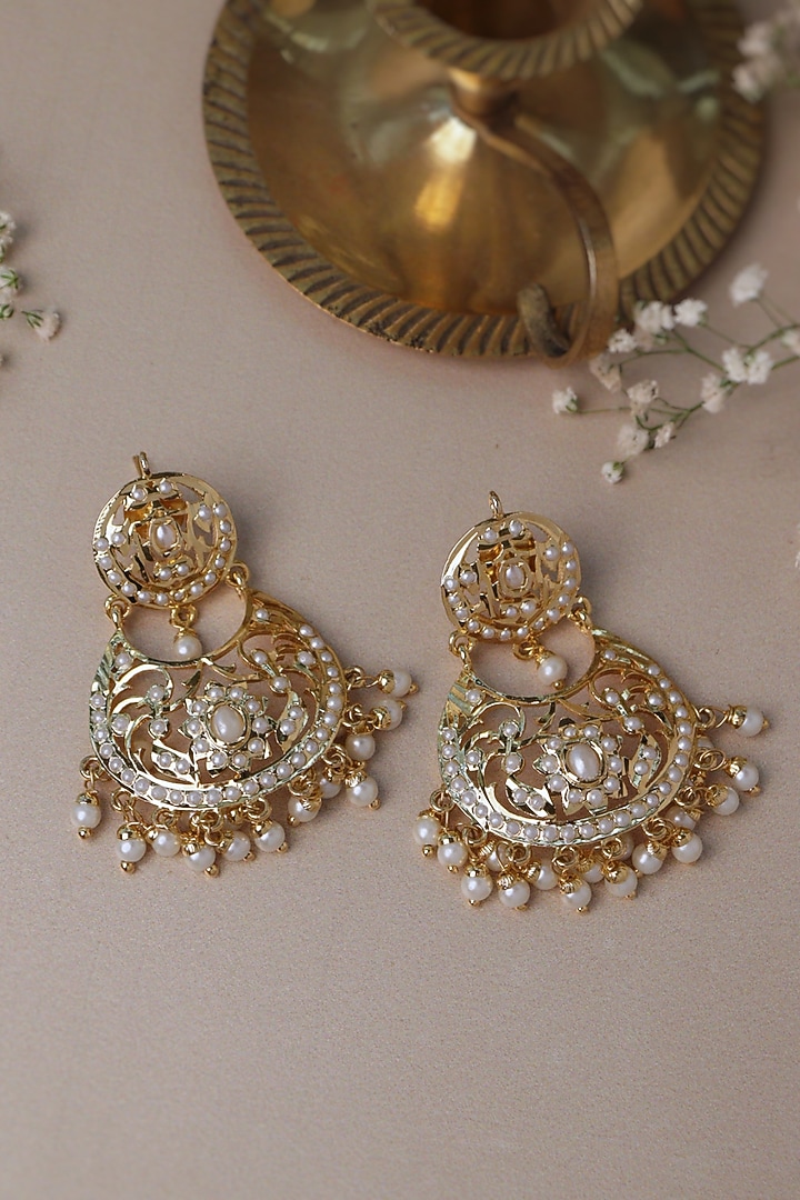 Gold Plated Pearl Jadau Chandbali Earrings by Curio Cottage at Pernia's Pop Up Shop