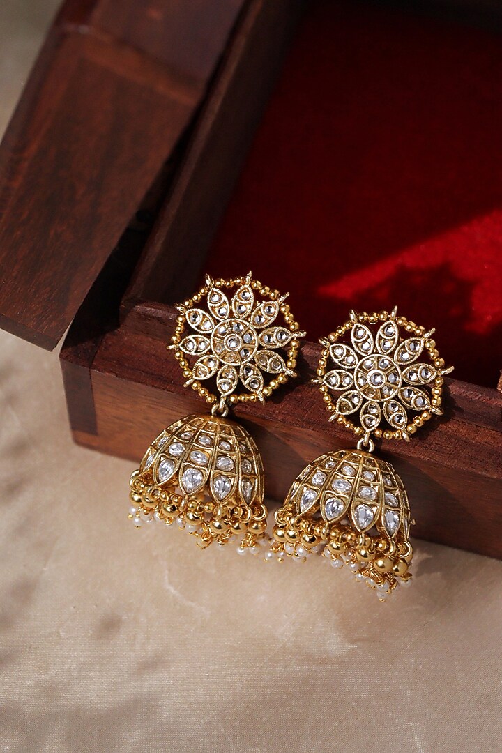 Gold Plated Kundan Polki Jhumka Earrings by Curio Cottage at Pernia's Pop Up Shop