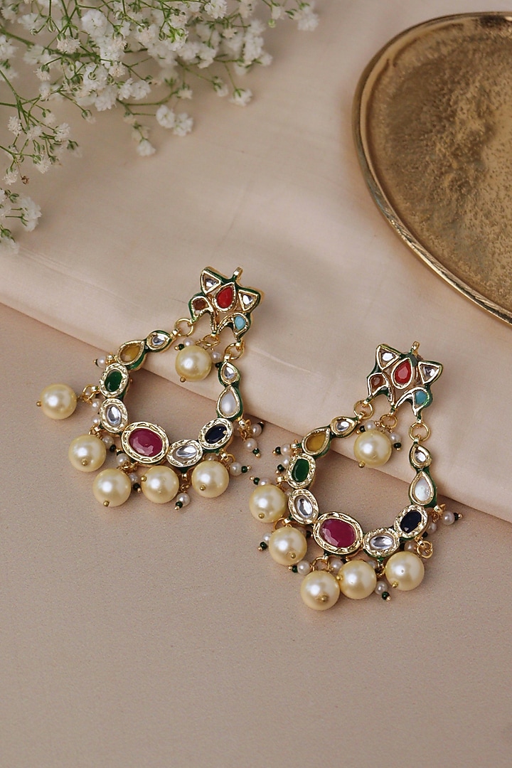 Gold Plated Navratna Gemstone Chandbali Earrings by Curio Cottage at Pernia's Pop Up Shop