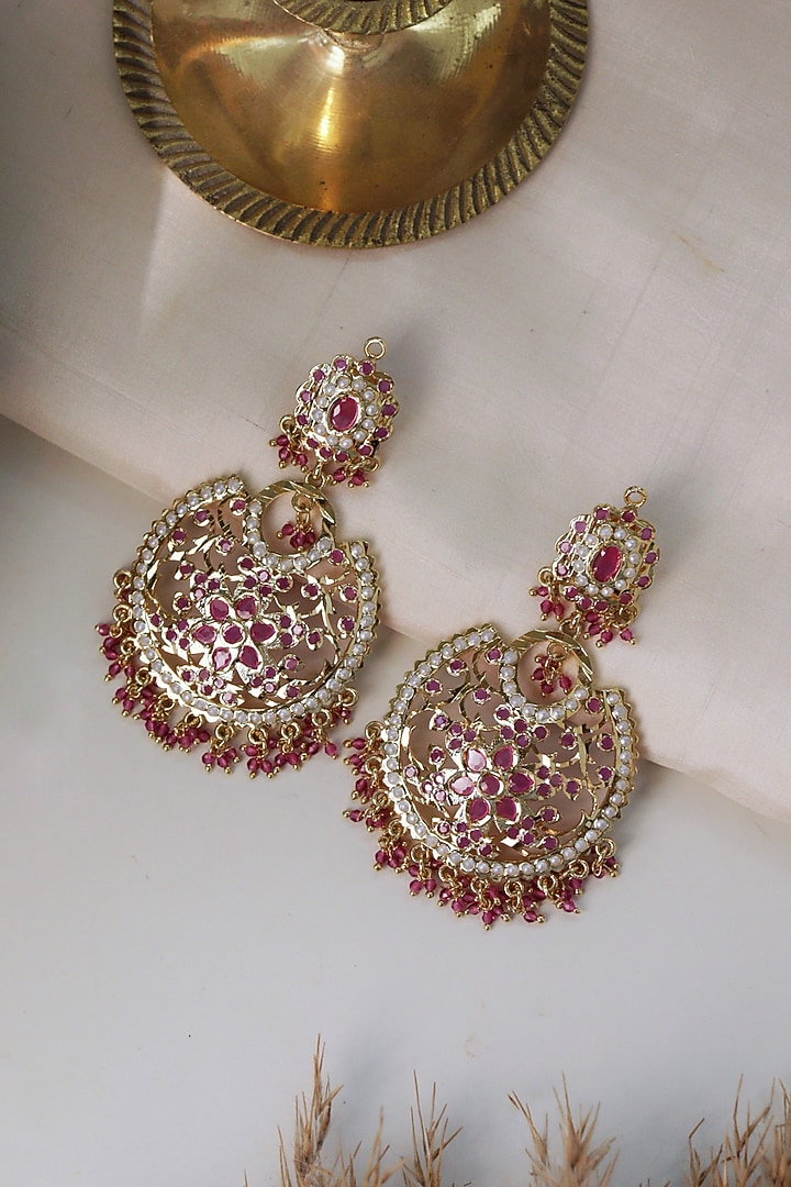 Gold Plated Blush Pink Stone Jadau Chandbali Earrings by Curio Cottage at Pernia's Pop Up Shop
