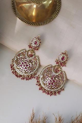 Gold Plated Blush Pink Stone Jadau Chandbali Earrings by Curio Cottage