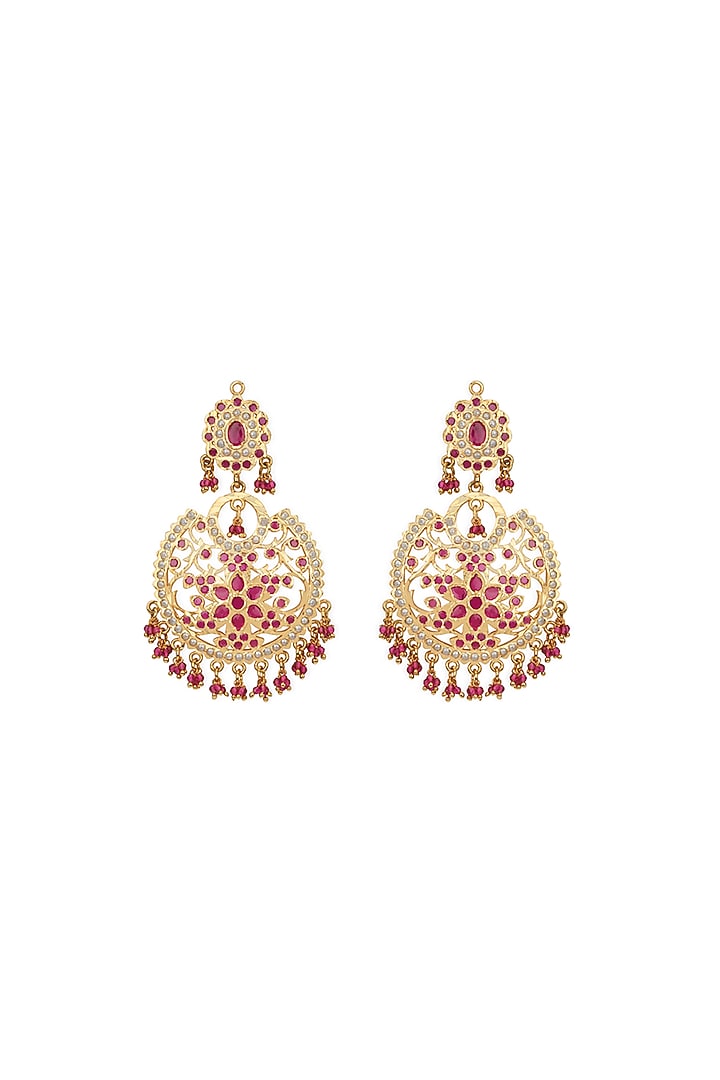 Gold Plated Blush Pink Stone Jadau Chandbali Earrings by Curio Cottage at Pernia's Pop Up Shop