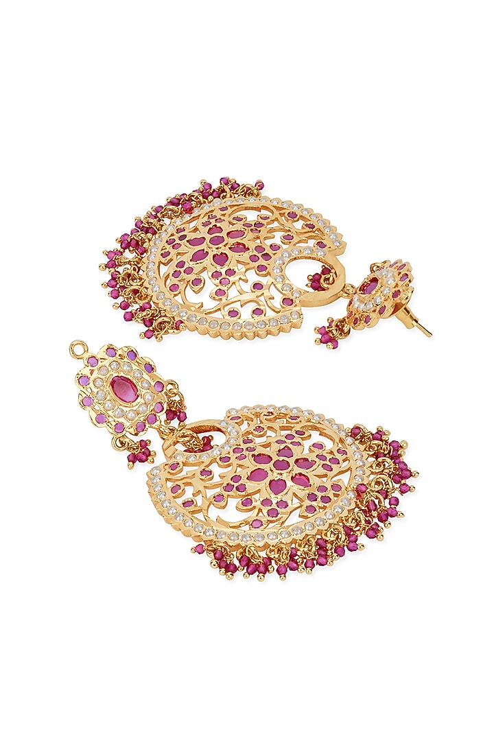 Gold Plated Blush Pink Stone Jadau Chandbali Earrings by Curio Cottage at Pernia's Pop Up Shop