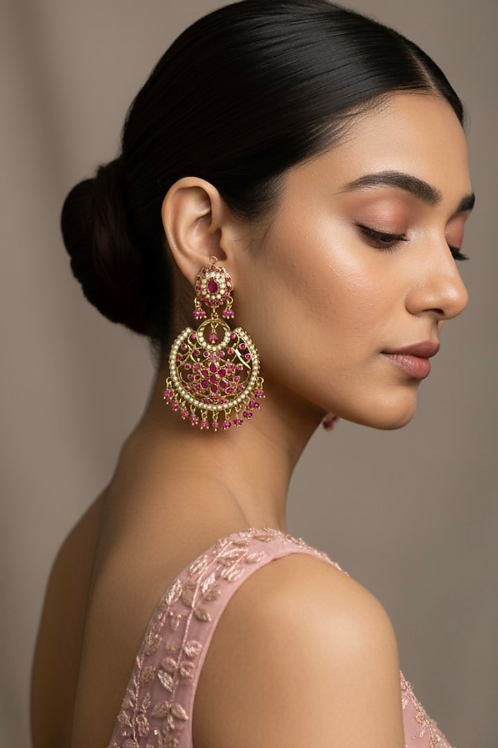 Gold Plated Blush Pink Stone Jadau Chandbali Earrings by Curio Cottage at Pernia's Pop Up Shop