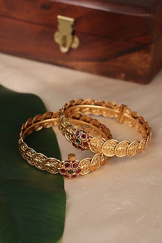 Gold Plated Laxmi Motif Bangles (Set Of 2) by Curio Cottage