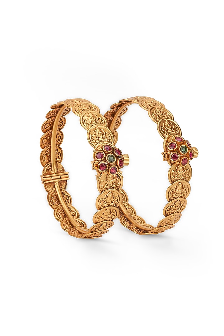 Gold Plated Laxmi Motif Bangles (Set Of 2) by Curio Cottage at Pernia's Pop Up Shop