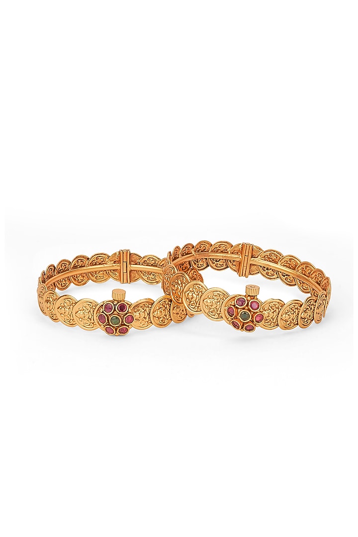 Gold Plated Laxmi Motif Bangles (Set Of 2) by Curio Cottage at Pernia's Pop Up Shop