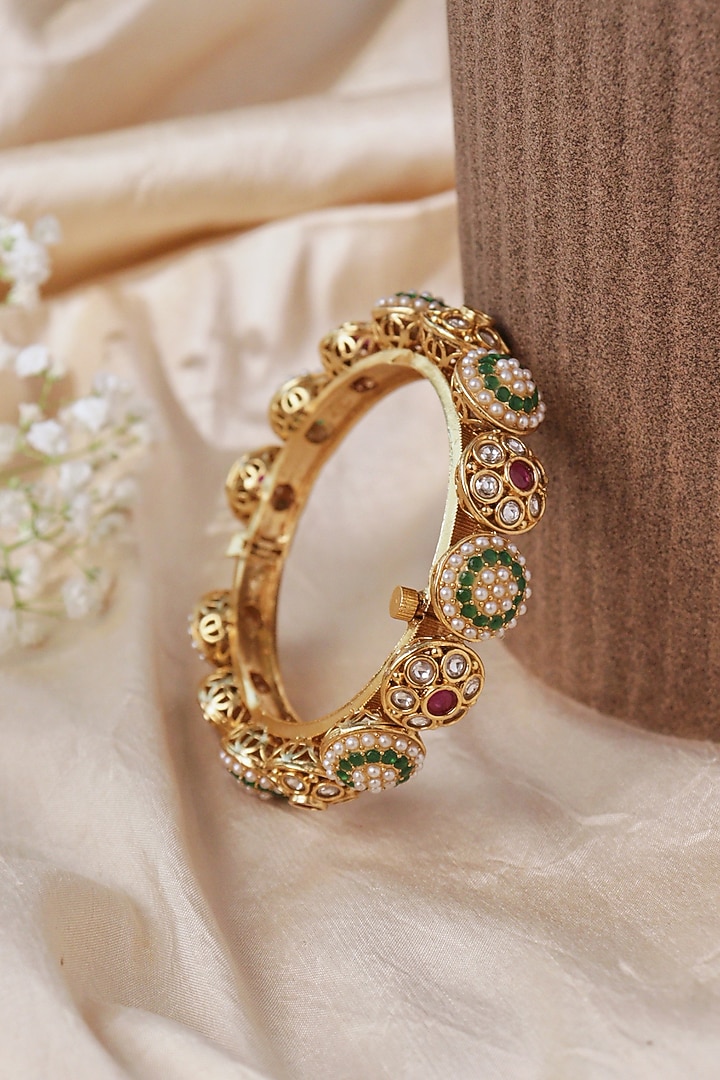 Gold Plated Kundan Polki & Pearl Bangle by Curio Cottage at Pernia's Pop Up Shop