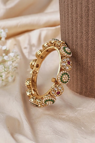 Gold Plated Kundan Polki & Pearl Bangle by Curio Cottage