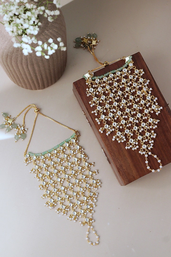 Gold Plated Kundan Polki Veiled Haathphools (Set Of 2) by Curio Cottage at Pernia's Pop Up Shop