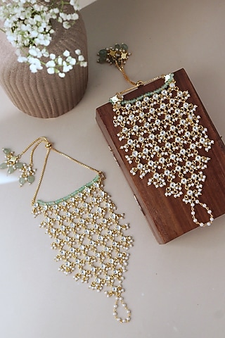 Gold Plated Kundan Polki Veiled Haathphools (Set Of 2) by Curio Cottage
