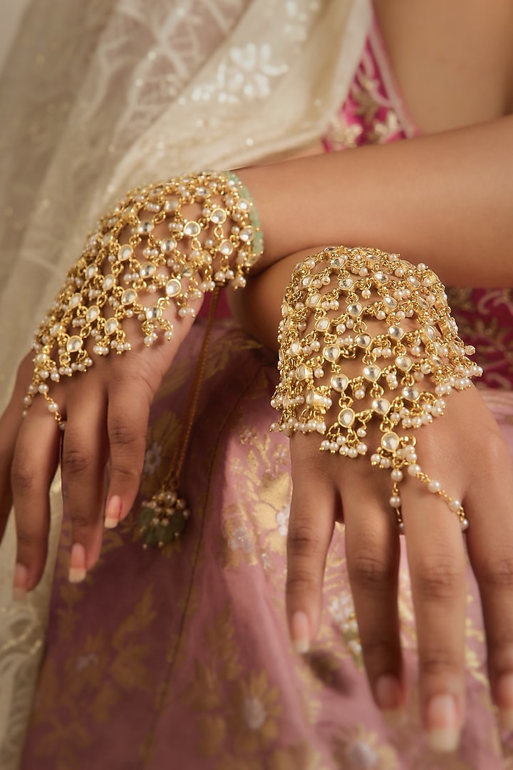 Gold Plated Kundan Polki Veiled Haathphools (Set Of 2) by Curio Cottage at Pernia's Pop Up Shop
