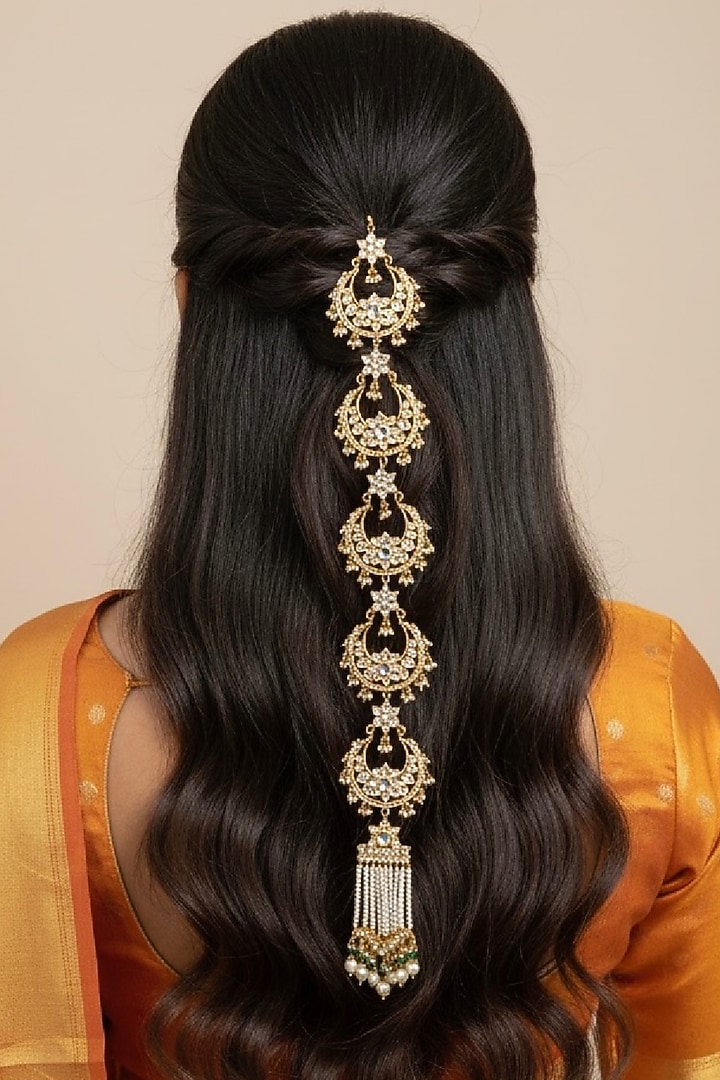 Gold Plated Crescent Kundan Polki Jadai by Curio Cottage at Pernia's Pop Up Shop