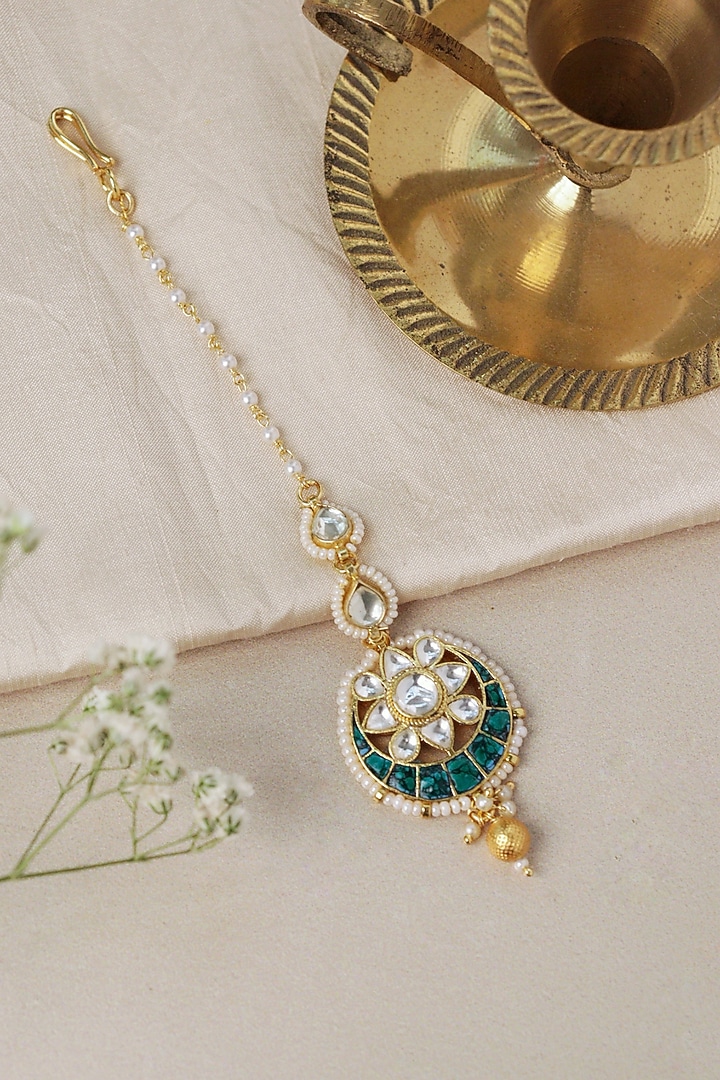 Gold Plated Turquoise Stone Crescent Maangtikka by Curio Cottage at Pernia's Pop Up Shop