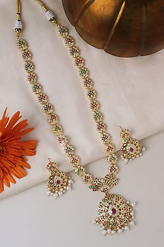 Gold Plated Multi-Colored Stone Jadau Long Necklace Set by Curio Cottage