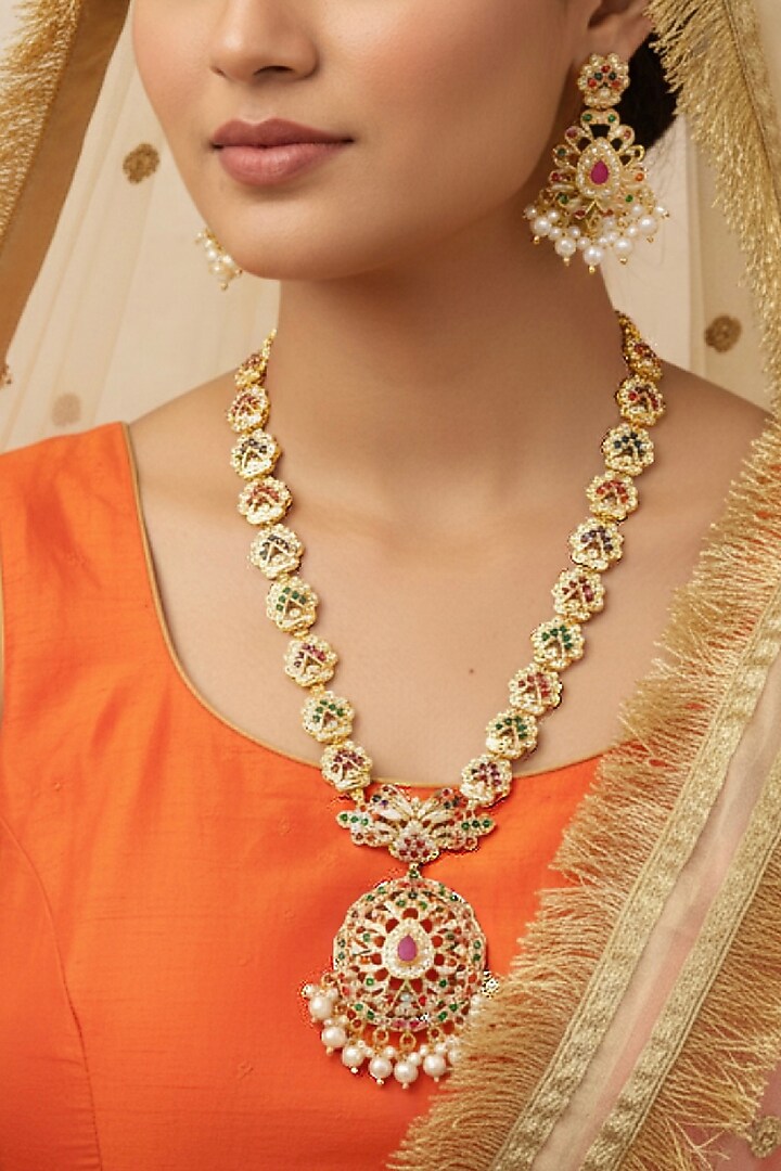 Gold Plated Multi-Colored Stone Jadau Long Necklace Set by Curio Cottage at Pernia's Pop Up Shop