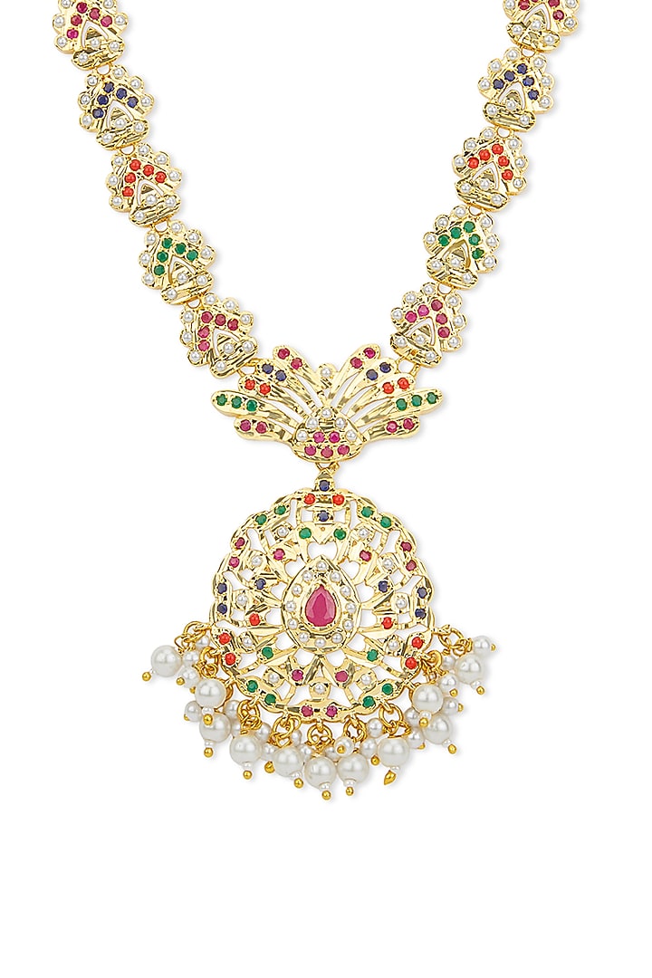 Gold Plated Multi-Colored Stone Jadau Long Necklace Set by Curio Cottage at Pernia's Pop Up Shop