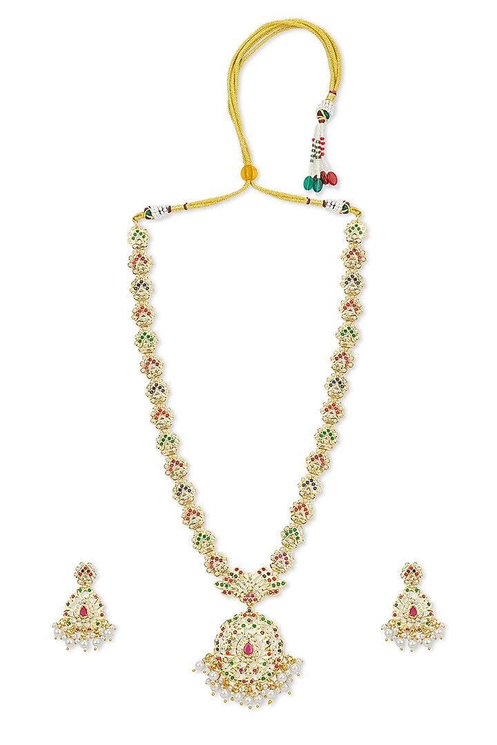 Gold Plated Multi-Colored Stone Jadau Long Necklace Set by Curio Cottage at Pernia's Pop Up Shop