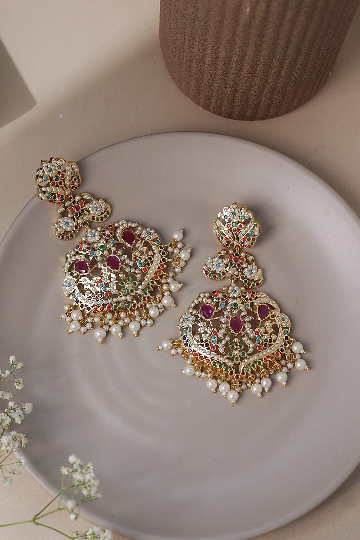 Gold Plated Multi-Colored Gem Stones Dangler Earring by Curio Cottage at Pernia's Pop Up Shop