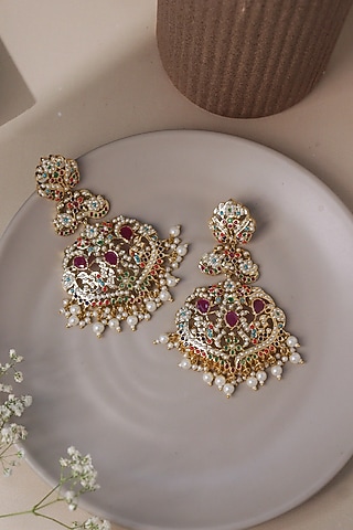 Gold Plated Multi-Colored Gem Stones Dangler Earring by Curio Cottage