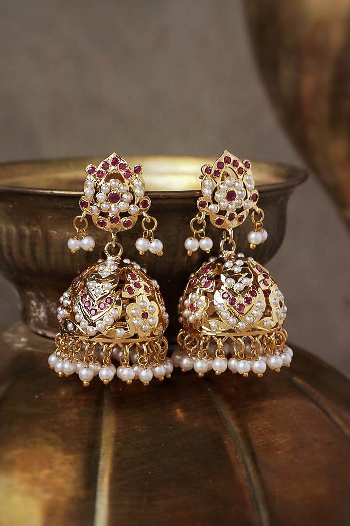 Gold Plated Blush Stone Jadau Jhumka Earrings by Curio Cottage at Pernia's Pop Up Shop