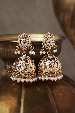 Gold Plated Blush Stone Jadau Jhumka Earrings by Curio Cottage