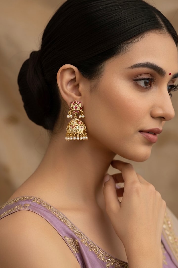 Gold Plated Blush Stone Jadau Jhumka Earrings by Curio Cottage at Pernia's Pop Up Shop