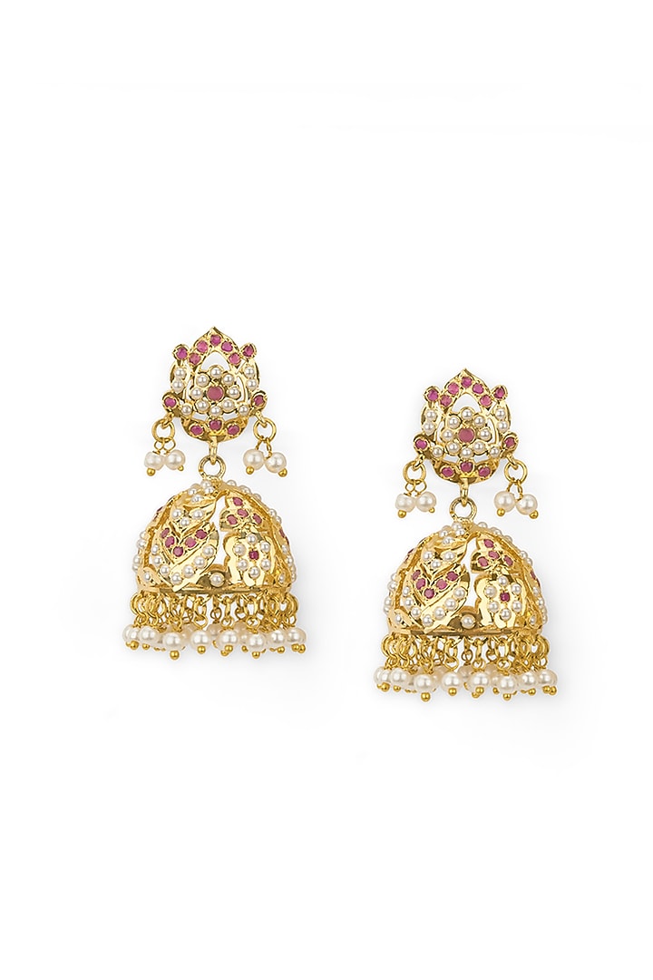 Gold Plated Blush Stone Jadau Jhumka Earrings by Curio Cottage at Pernia's Pop Up Shop