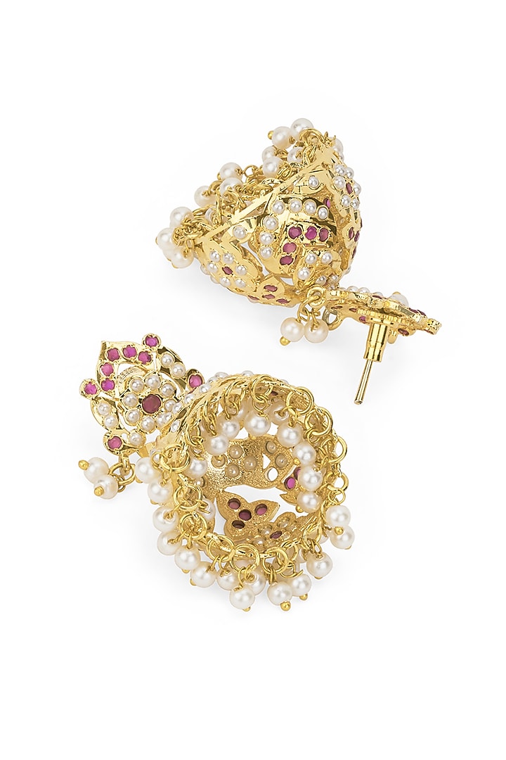 Gold Plated Blush Stone Jadau Jhumka Earrings by Curio Cottage at Pernia's Pop Up Shop