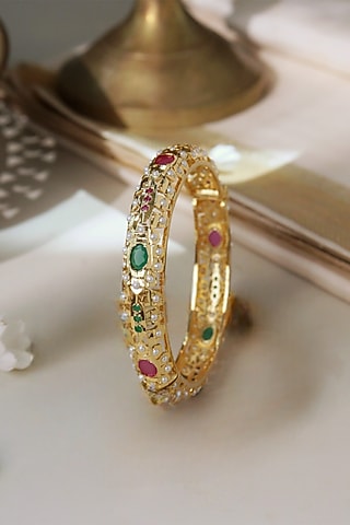 Gold Plated Jadau Bangles (Set Of 2) by Curio Cottage