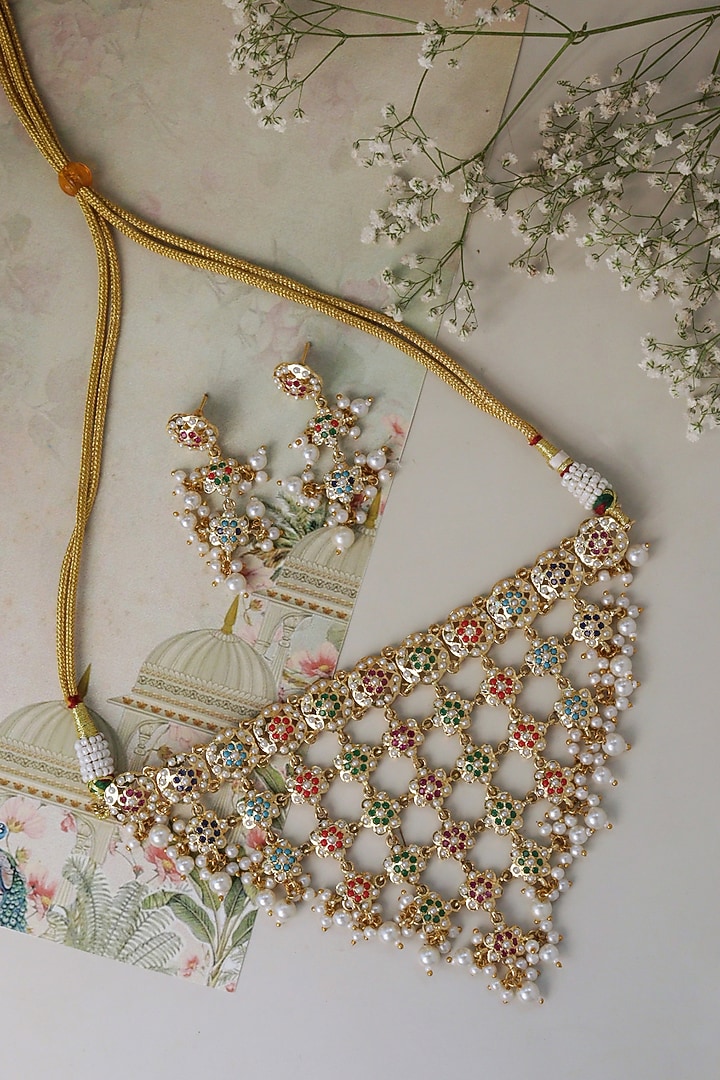 Gold Plated Multi-Colored Gemstone Jadau Necklace Set by Curio Cottage at Pernia's Pop Up Shop