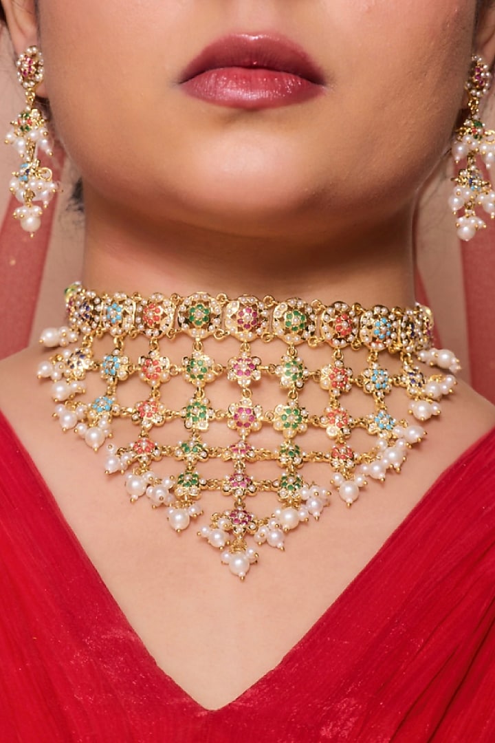 Gold Plated Multi-Colored Gemstone Jadau Necklace Set by Curio Cottage at Pernia's Pop Up Shop