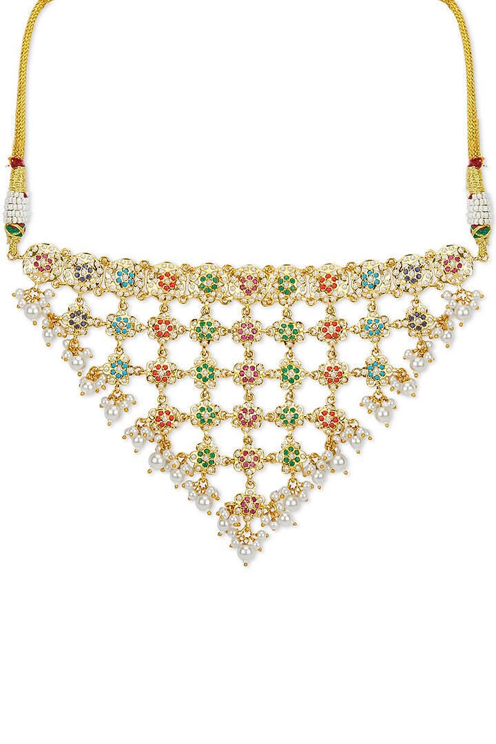 Gold Plated Multi-Colored Gemstone Jadau Necklace Set by Curio Cottage at Pernia's Pop Up Shop