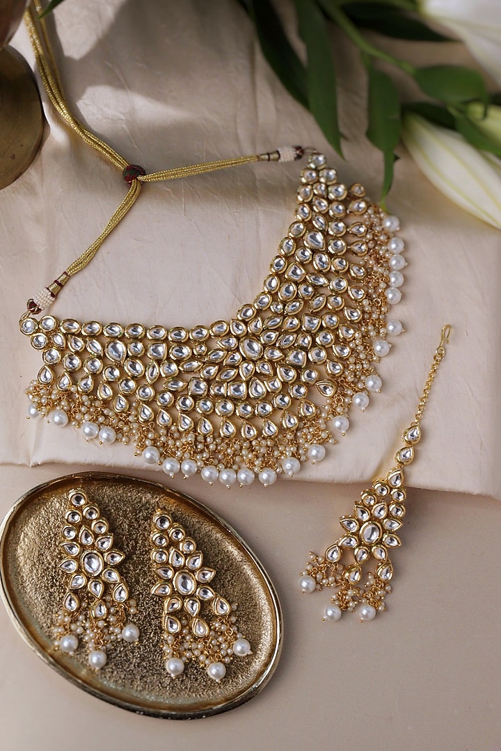 Gold Plated Kundan Polki Necklace Set by Curio Cottage at Pernia's Pop Up Shop