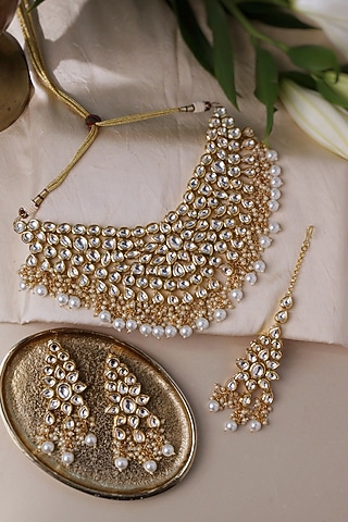 Gold Plated Kundan Polki Necklace Set by Curio Cottage