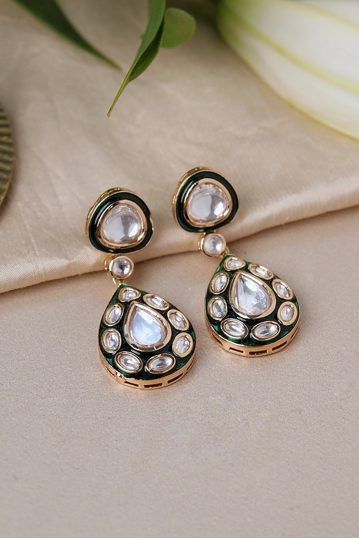 Gold Plated Kundan Polki Enameled Dangler Earrings by Curio Cottage at Pernia's Pop Up Shop