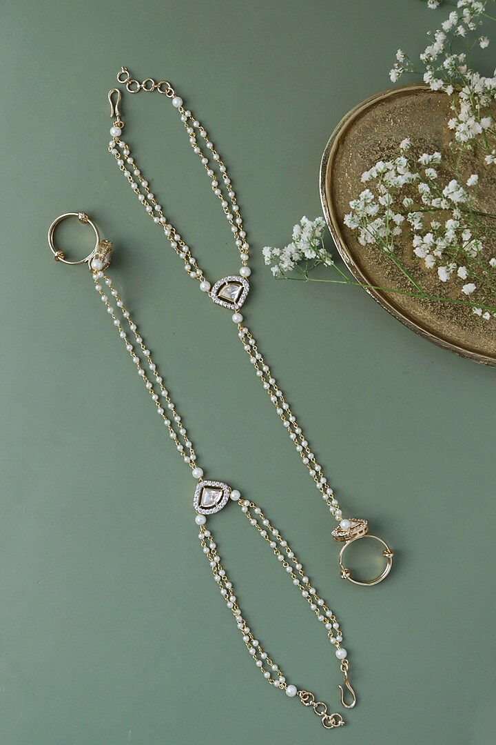 Gold Plated Kundan Polki & Pearl Haathphools (Set Of 2) by Curio Cottage at Pernia's Pop Up Shop
