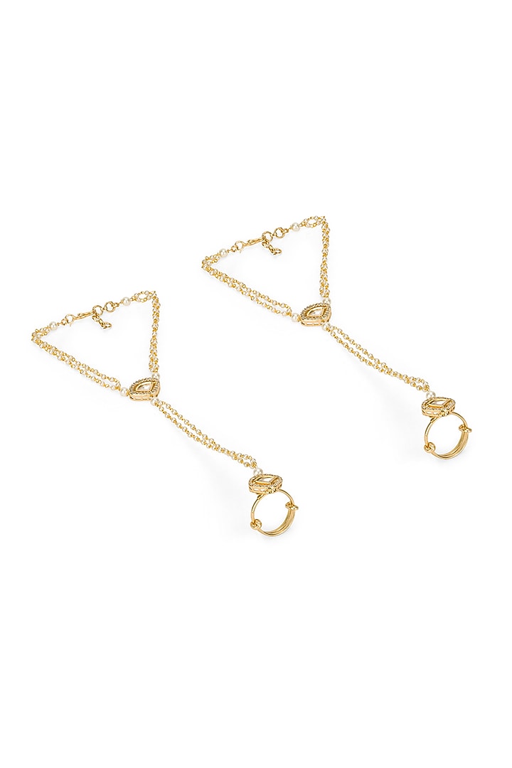 Gold Plated Kundan Polki & Pearl Haathphools (Set Of 2) by Curio Cottage at Pernia's Pop Up Shop