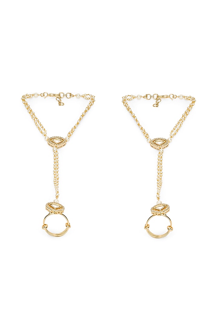 Gold Plated Kundan Polki & Pearl Haathphools (Set Of 2) by Curio Cottage at Pernia's Pop Up Shop