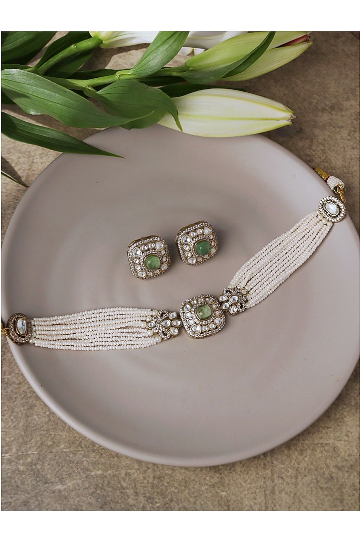 Gold Plated Jade Stone Choker Necklace Set by Curio Cottage at Pernia's Pop Up Shop