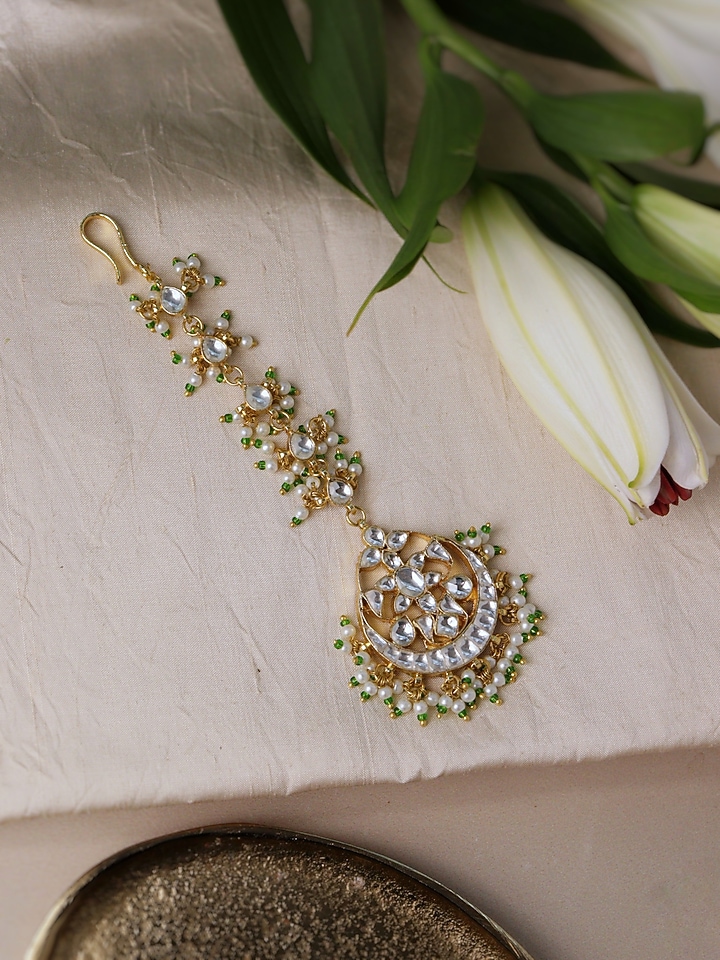 Gold Plated Kundan Polki & Pearl Maangtikka by Curio Cottage at Pernia's Pop Up Shop