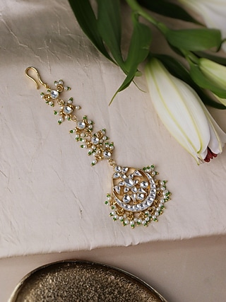 Gold Plated Kundan Polki & Pearl Maangtikka by Curio Cottage