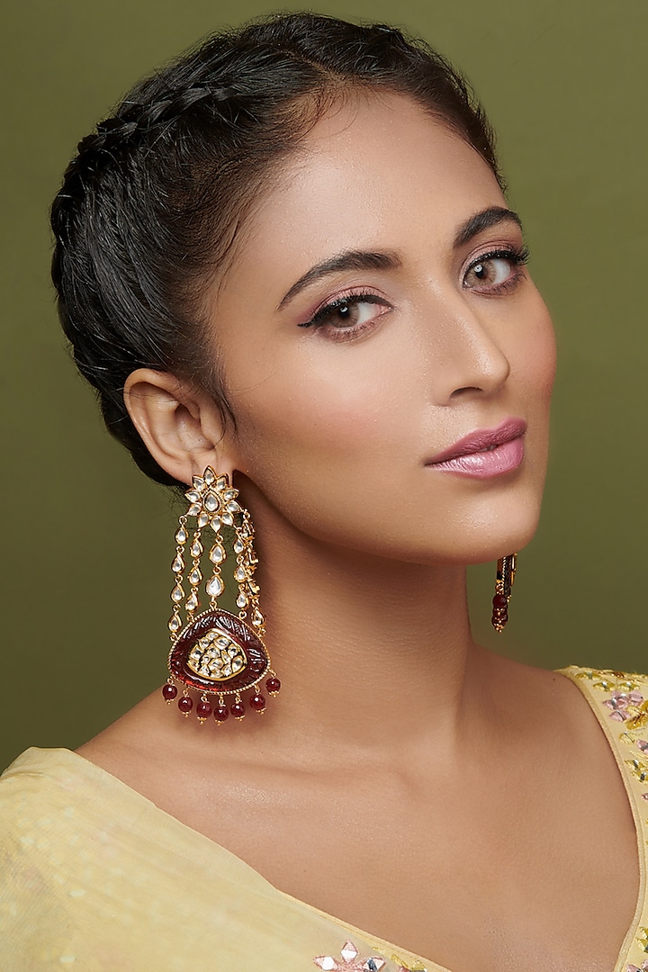 Gold Finish Red Semi Precious Stone Chandbali Bridal Earrings by Curio Cottage at Pernia's Pop Up Shop